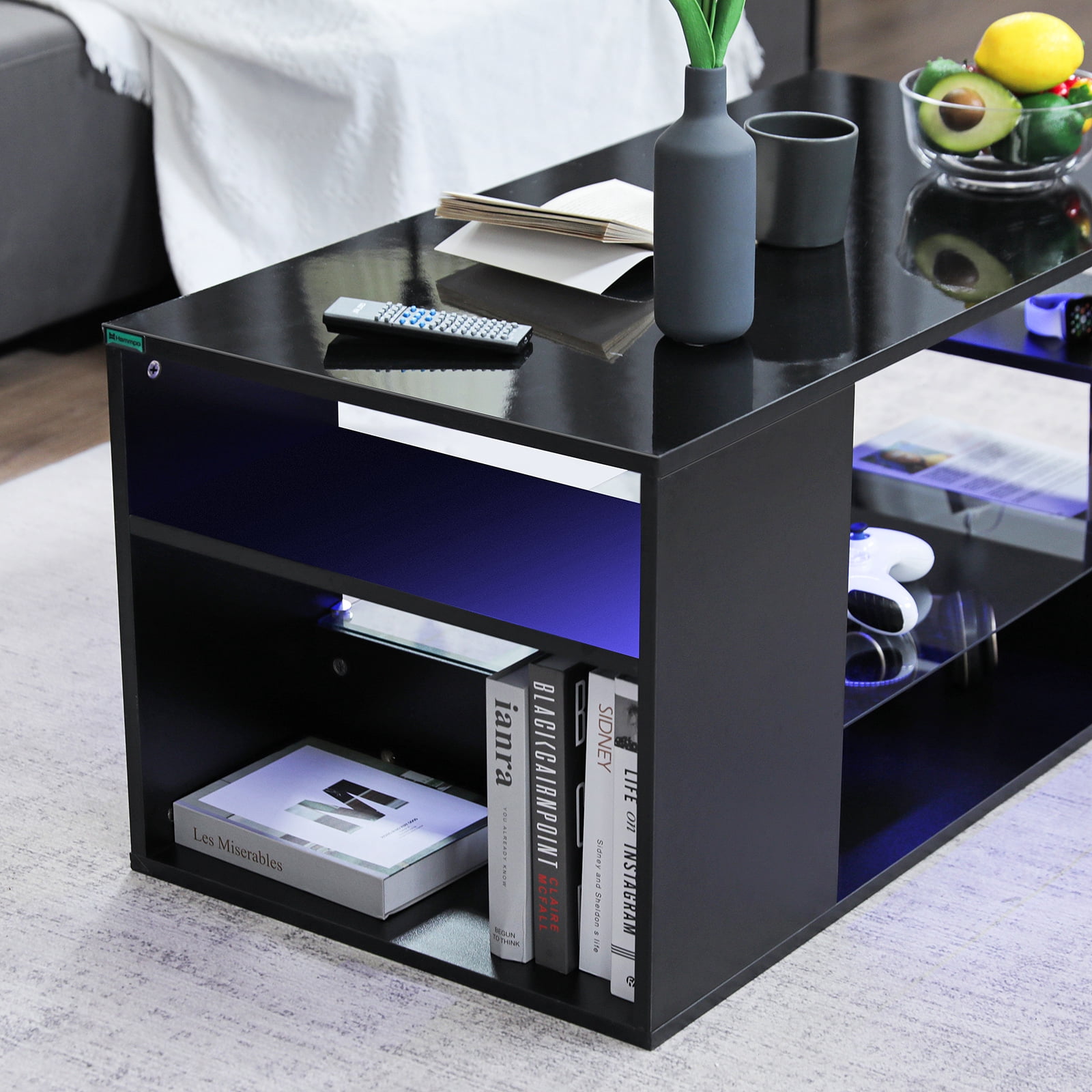 Hommpa Black Coffee Table with LED Lights Living Room Table Glass Open Shelves High Gloss Rectangle Center Table Sofa Side Cocktail Tables
