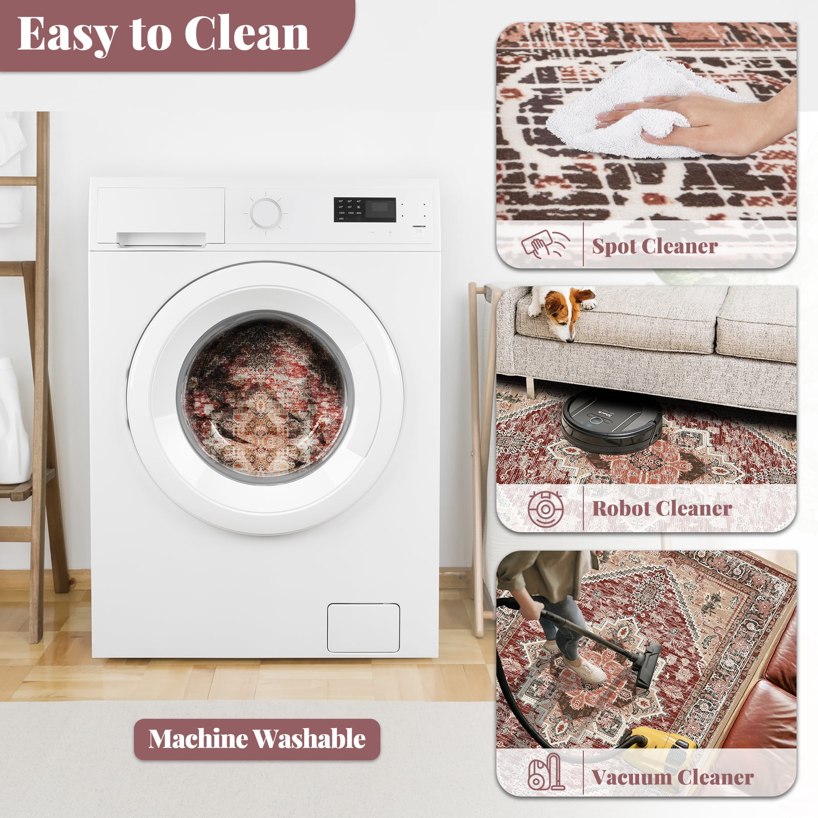 3'x5' Area Rugs, Machine Washable Non Slip Area Rug for Kitchen, Soft Low Pile Vintage Print Pattern Indoor Bathroom Thin Carpet, Burgundy