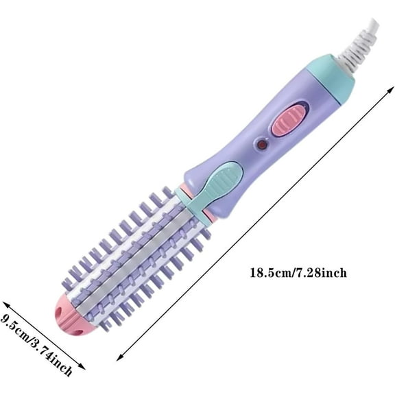 Mini Curling Iron for Short Hair, Heated Round Styling Brush 2-in-1 Hair Curler/Straightener Ceramic Hot Curler Brush with Anti-Scald Nylon Bristles 1 Inch Travel  Electric Curling Wand,Purple