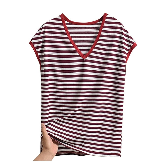 Taqqpue Chemises de Nuit Grande Taille pour Femmes - Hauts de Pyjama pour Femmes, Haut de Pyjama Sans Manches à Rayures Col en V Modal TG-5TG