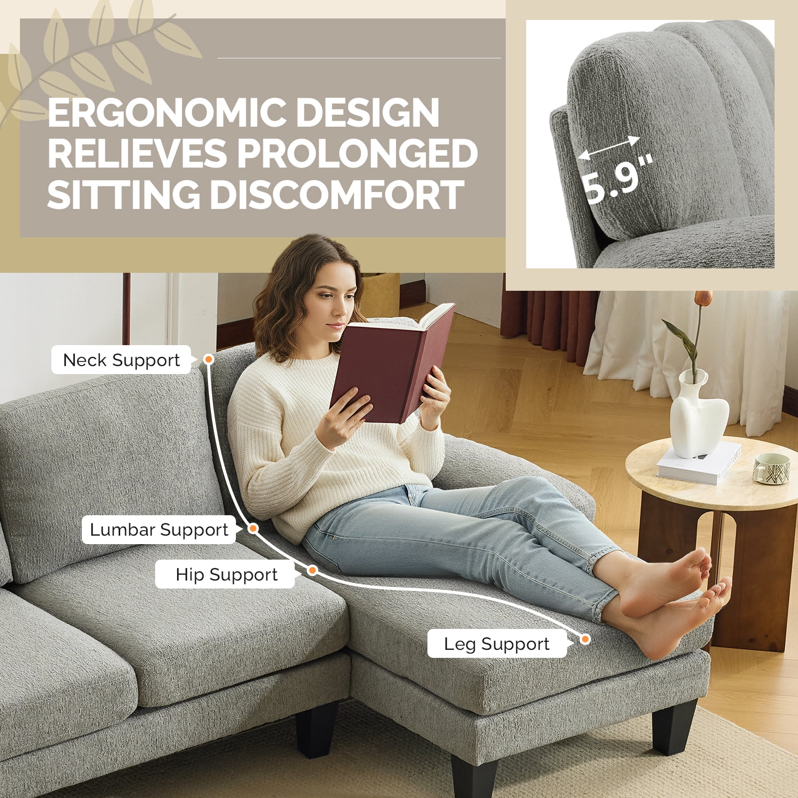 Ktaxon U-Shaped Sectional Sofa Set with Chaise, 4-Seater Blended Chenille Couch for Living Room, Apartment, Easy Assembly Blue-Gray