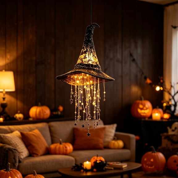 Halloween Decor Lighted Witch Hat Hanging Lamp with Dangling Stars for Indoor Home Porch Decor, 15.55 Inch