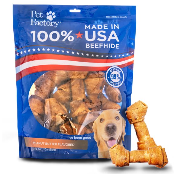 Pet Factory Beefhide Bones Peanut Butter Flavored - 6", 12 Count