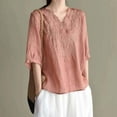 thumbnail image 2 of OSOLU Solid Color Vintage Embroidered Linen Loose Fit V-Neck 3/4 Sleeve Shirt For Women Casual Pullover Blouse Boho Dailywear, 2 of 9