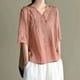 thumbnail image 2 of Camisa vintage de lino bordada para mujer: cuello en V holgado, manga 3/4, mezcla transpirable, jersey informal, blusa para todas las estaciones, 2 of 8