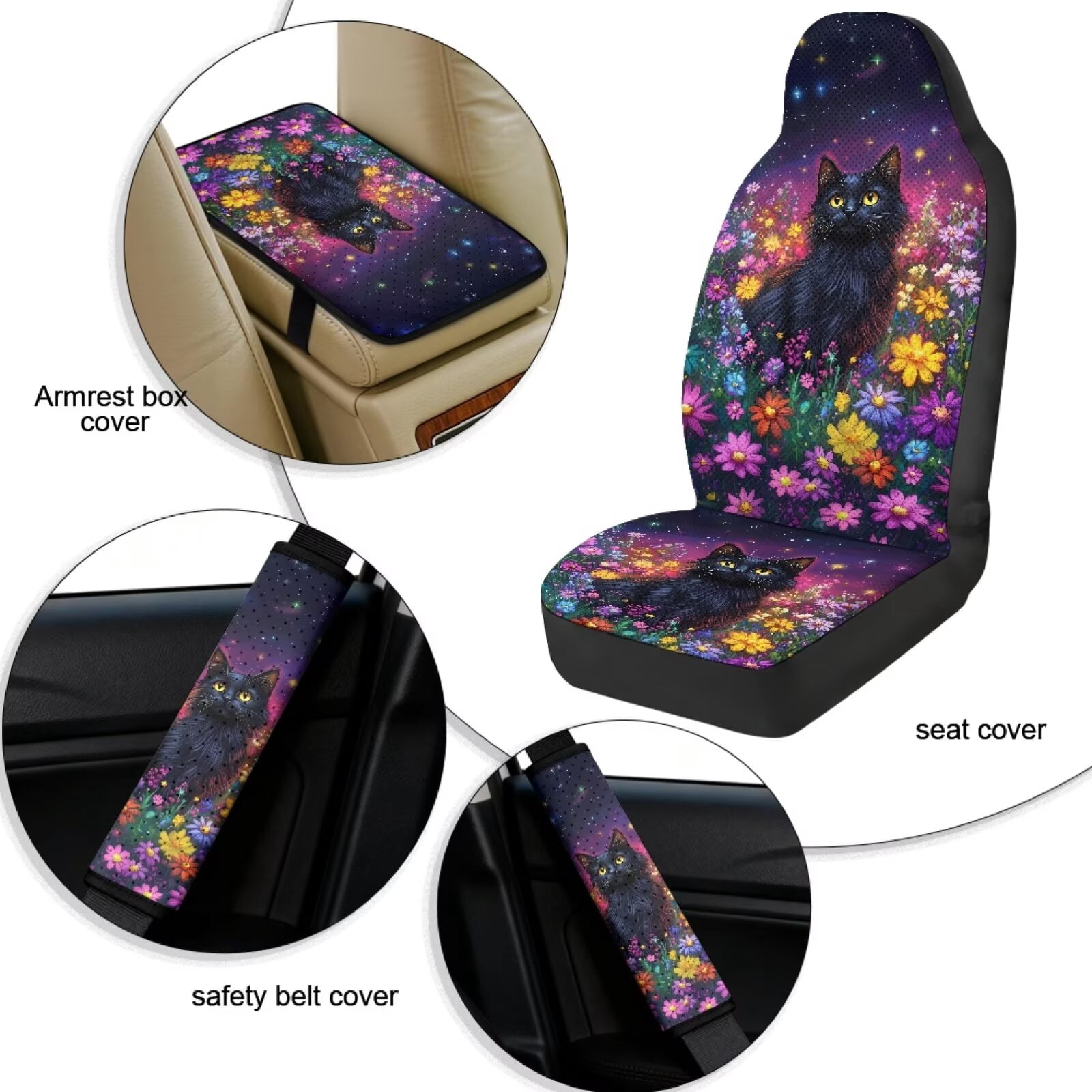 Xixirimido Car Seat Cover Set of 5 Pieces Front Seat Covers with Matching Seat Belt and Center Console Covers PU Leather Fits Most Vehicles, Black Cat Colorful Daisy
