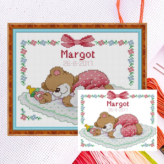 (C727) Hilo Algodón Ecológico Bordado No Manchú 14CT 2 Hebras Tela Blanca 25*20 Cm Oso Durmiente Bebé (rosa) Kit Serie Dibujos Animados Punto Cruz (borde Gancho)