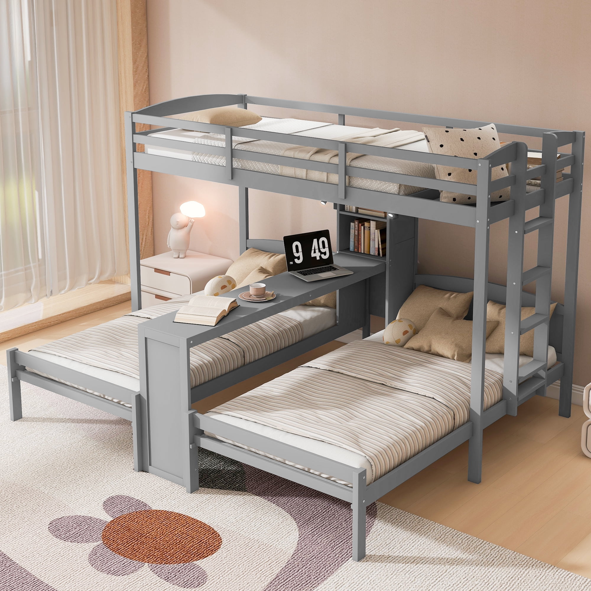 Mintazer Twin over Twin over Twin Bunk Bed with Desk, Bunk Bed with Reading Lamp and Storage Shelves, Gray