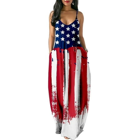 

Luckinbaby Female Star Stripe Print U-Neck Sleeveless Spaghetti Strap One-Piece