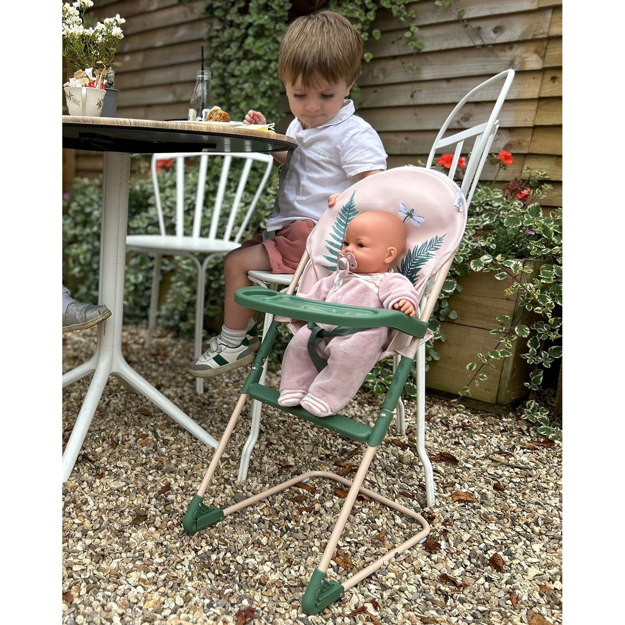 Roma Prams: RHS Doll Highchair - Fern - Cream & Green, Feeding Tray, Fabric Seat, Accessory For Dolls Up To 16.5", Easy Storage, Roleplay Toy Kids 3+
