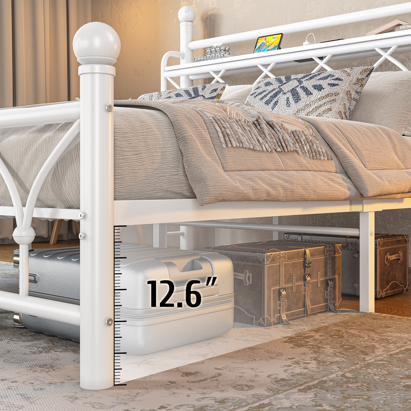 EnHomee Queen Metal Bed Frame with Vintage Headboard & Footboard Metal Platform Bed Frame Queen Heavy Duty Metal Bed Frame with LED Lights & Charge Station &Storage, Noise Free, White