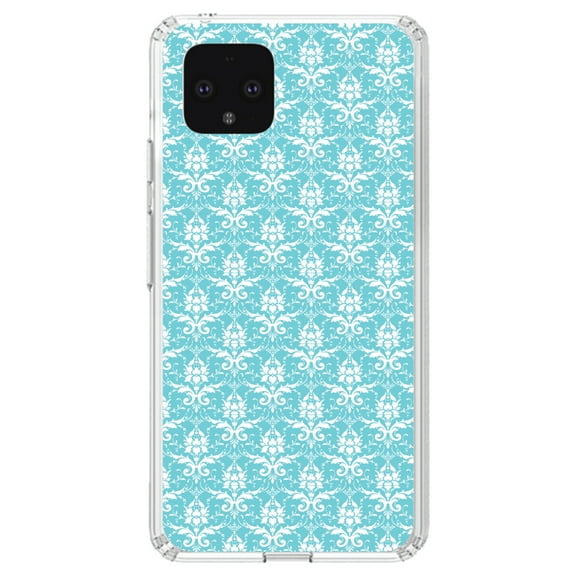 DistinctInk Clear Shockproof Hybrid Case for Google Pixel 4 (5.7" Screen) - TPU Bumper, Acrylic Back, Tempered Glass Screen Protector - Baby Blue White Damask Pattern - Floral Damask Pattern