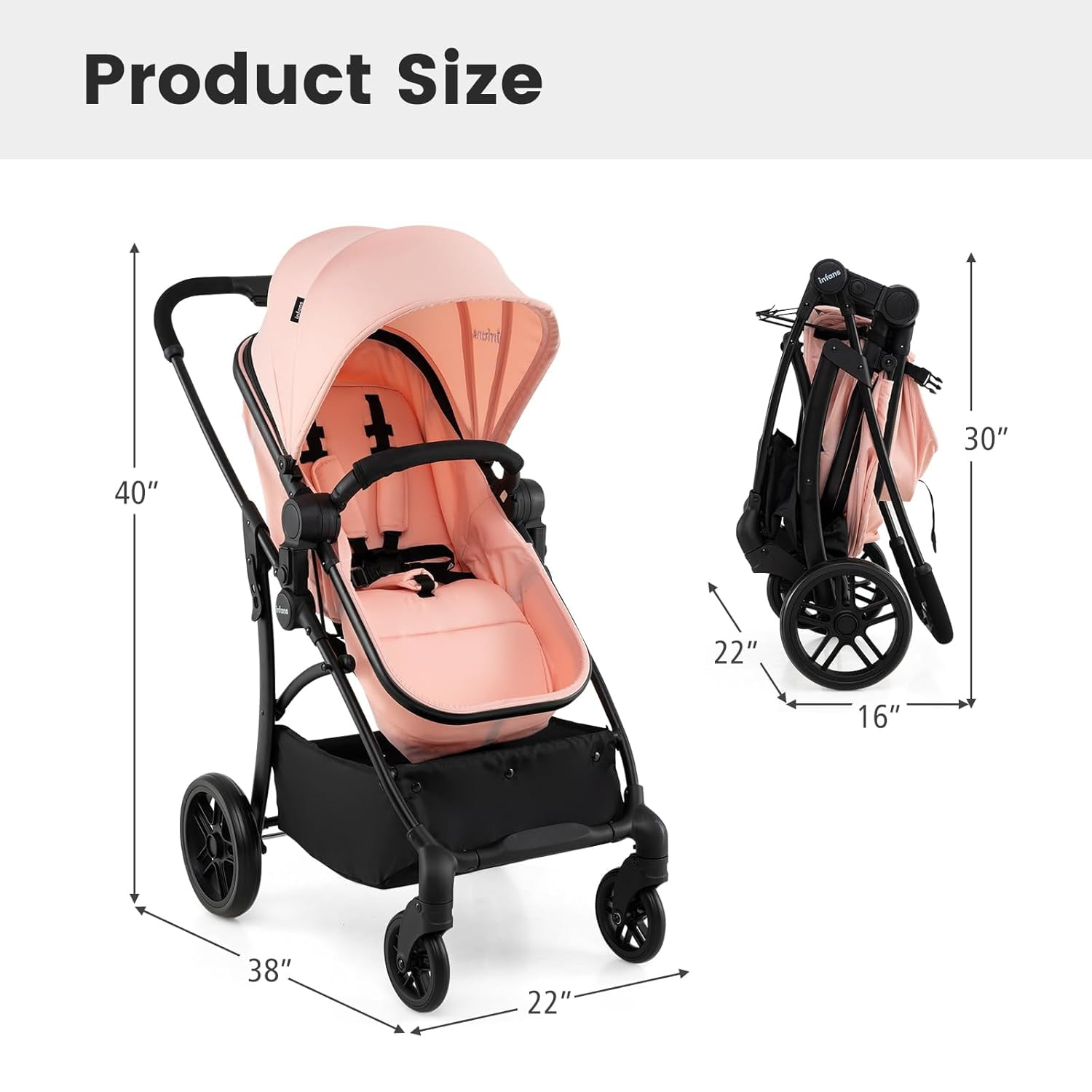 INFANS 2 in 1 Baby Stroller, Convertible Stroller with Bassinet Reversible Seat Adjustable Backrest Canopy One Hand Fold, Compact Toddler Pushchair for Kids Infants Newborns 0-36 Months
