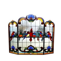 AVES Tiffany-glass Gathering Birds Design 3pcs Folding Fireplace Screen 40" Wide