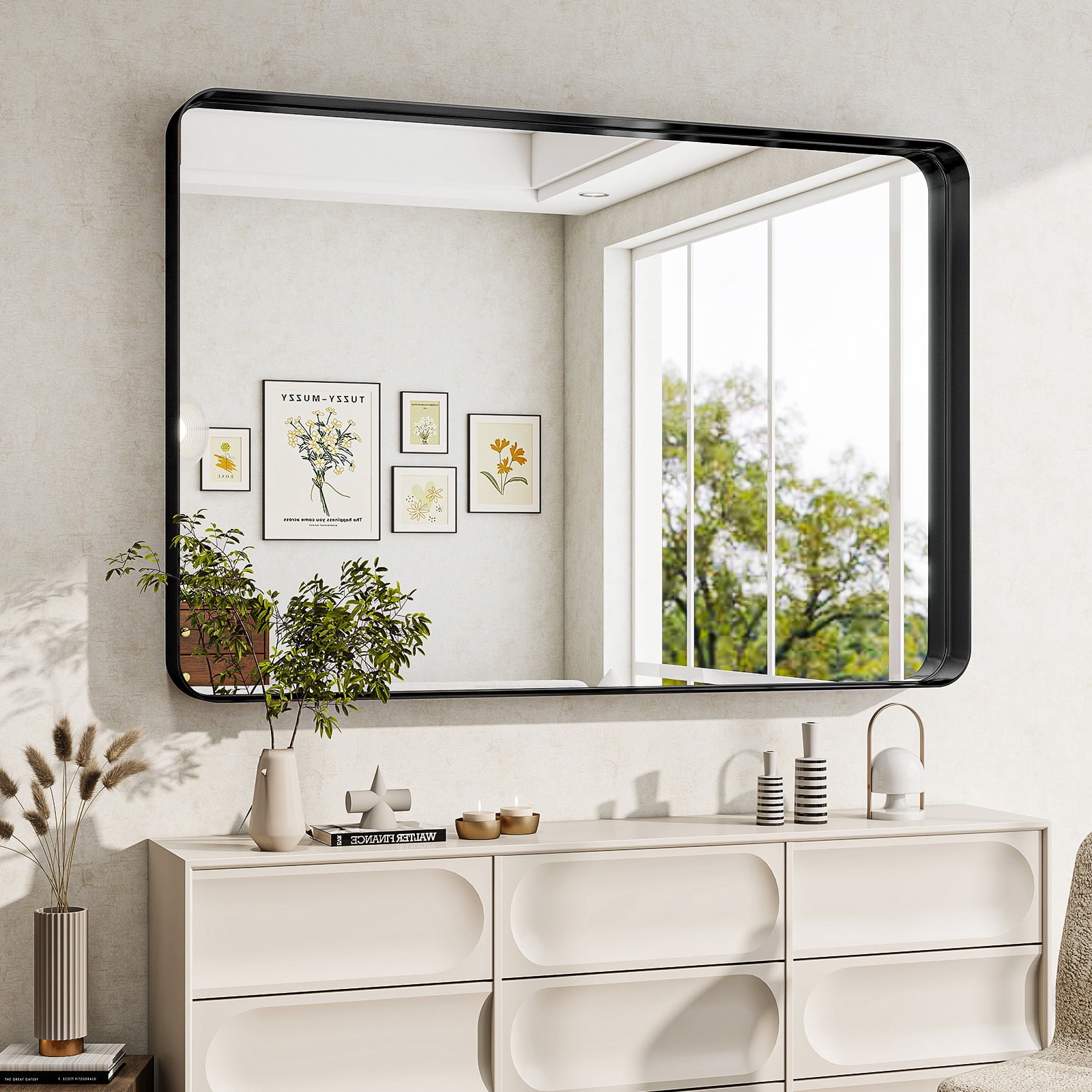 Gleamira 30"x 48" Rounded Rectangle Deep Framed Bathroom Mirror, Black