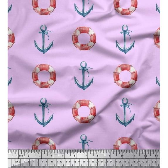 Soimoi Purple Velvet Fabric Life Ring & Anchor Hook Nautical Fabric Prints By Yard 58 Inch Wide