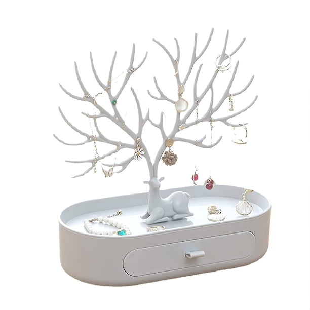 Caja de joyería para exhibición de joyas, soporte para collares, estante para mujer, bandeja multifunción, soporte para árbol con asta de ciervo, cajón para niñas