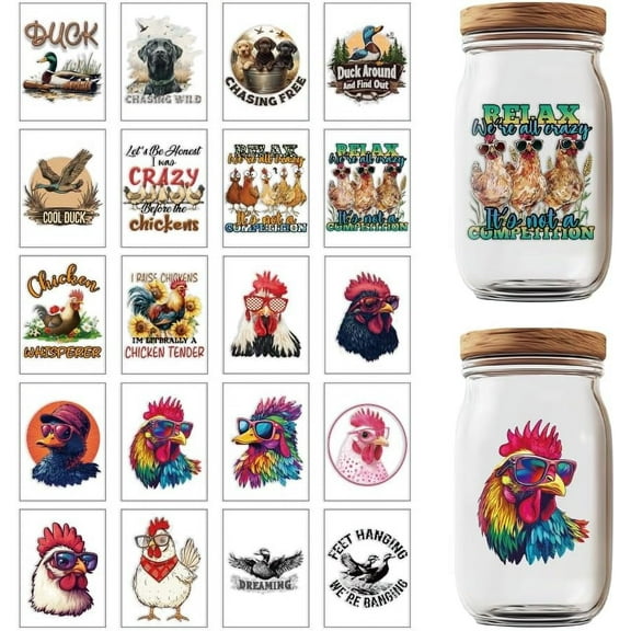 20 Pcs UV DTF Cup Wraps Farm Animal Themed Cup Wraps Decal Waterproof Rub on Transfers for Glass Cups DIY Crafts Furniture Decorations diy