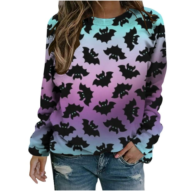 EQWLJWE Womens Summer Clearance Clothes Woman Crewneck Long Sleeve Pullover  Halloween Vintage Funny Bat Print Loose Sweatshirt Blouse Tunic Tops Womens  Graphic Tees 