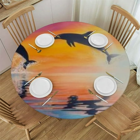 

Patifu Dolphins Sunset Boat Round Tablecloth Stain-Resistant Washable Fiber Ideal for Indoor Outdoor Dining Weddings Parties Home Kitchen Holiday Dinner Full Width Single-Sided Printing