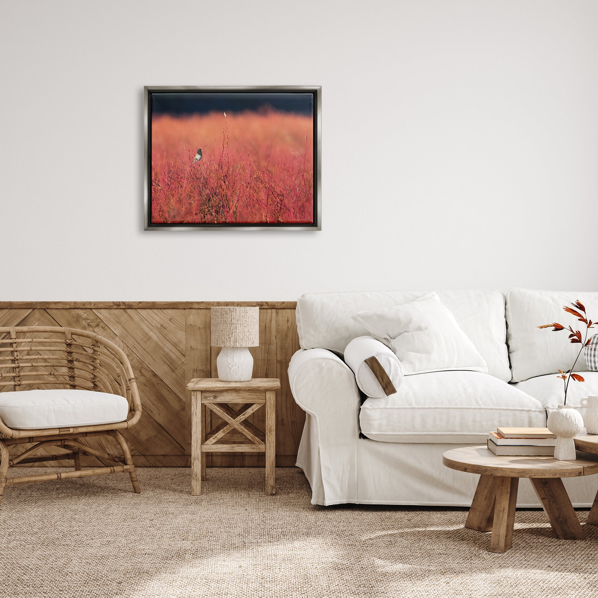 Stupell Industries Bird in Red Field Nature Photography Gray Floater Framed Art Print Wall Art, 31 x 25