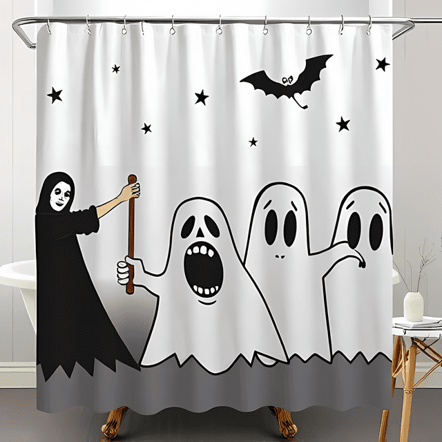 Whimsical Halloween Shower Curtain with Black-Robed Figure & Cartoon Ghosts - Spooky Decor for Bathroom