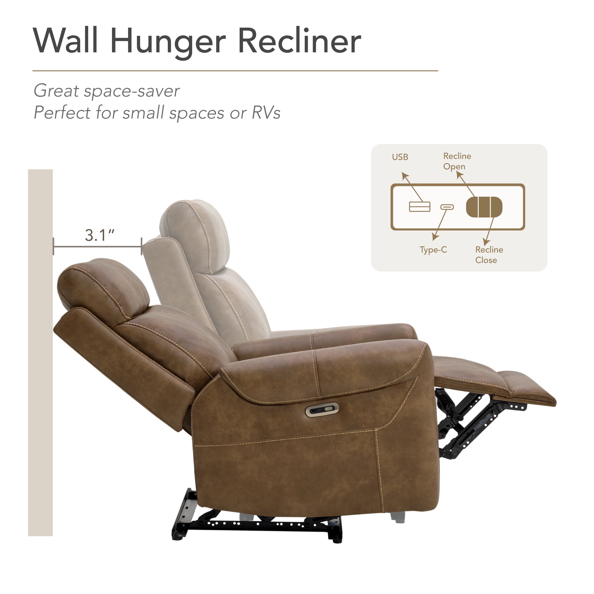 Spruce & Spring Wall Hugger Power Recliner with Three Positions, Brown
