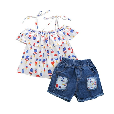 

GWAABD Spring Clothes for Toddler Girls White Cotton Blend Toddler Girls Off Shoulder Ruffles Cartoon Prints T Shirt Tops Denim Shorts Outfits 90