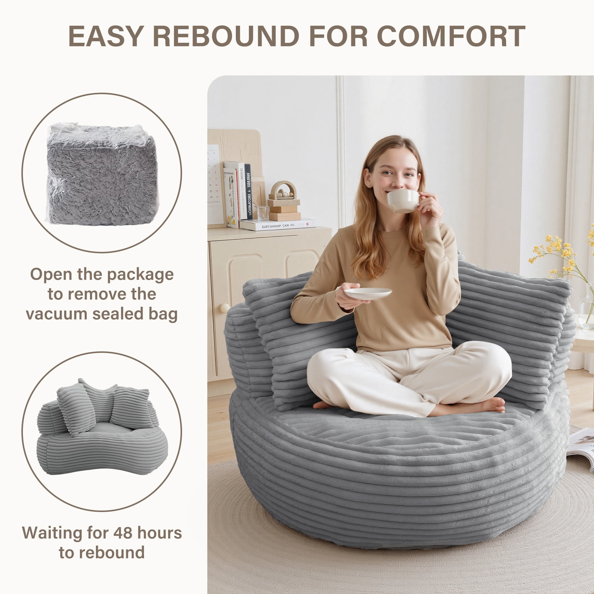 YINIX Oversized Bean Bag Chair with Backrest and Cushion, Cozy Round Floor Sofa for Living Room, Gray