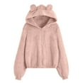 thumbnail image 2 of Honeeladyy Discount Hooded Coat for Women's Fleece Cute Bear Ear Hoodie Zipper Outerwear Winter Warm Solid Elastic Hem Long Sleeve Jacket, 2 of 4