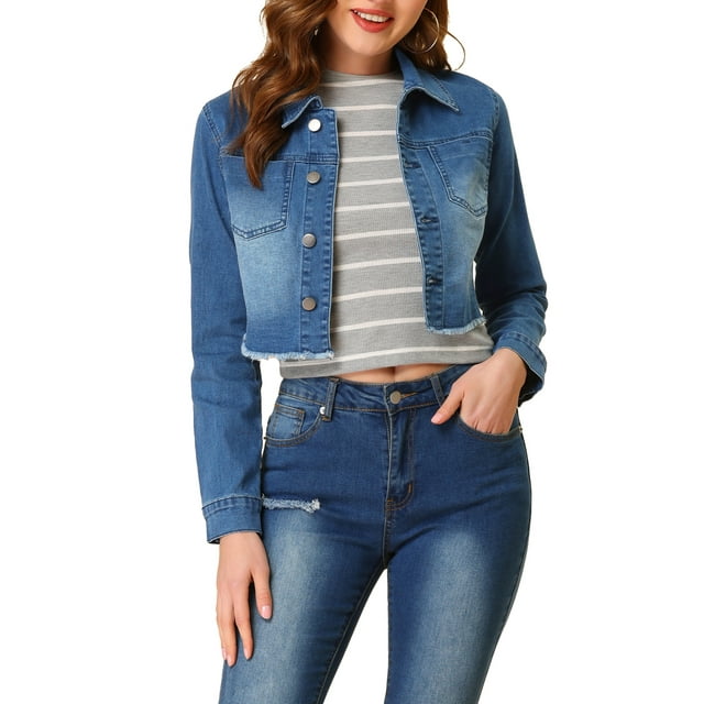 INSPIRE CHIC Veste en Jean pour Femme, Effilochée, Boutonnée, Lavée, Courte, Veste en Denim Bleu Foncé TG