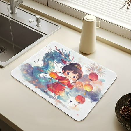 

Wobogo The Lass Is Dancing with An Oriental Dragon Dish Drying Mats Diatomaceous Earth Super Absorbent Non-slip Rubber Sole 15.7×11.8in