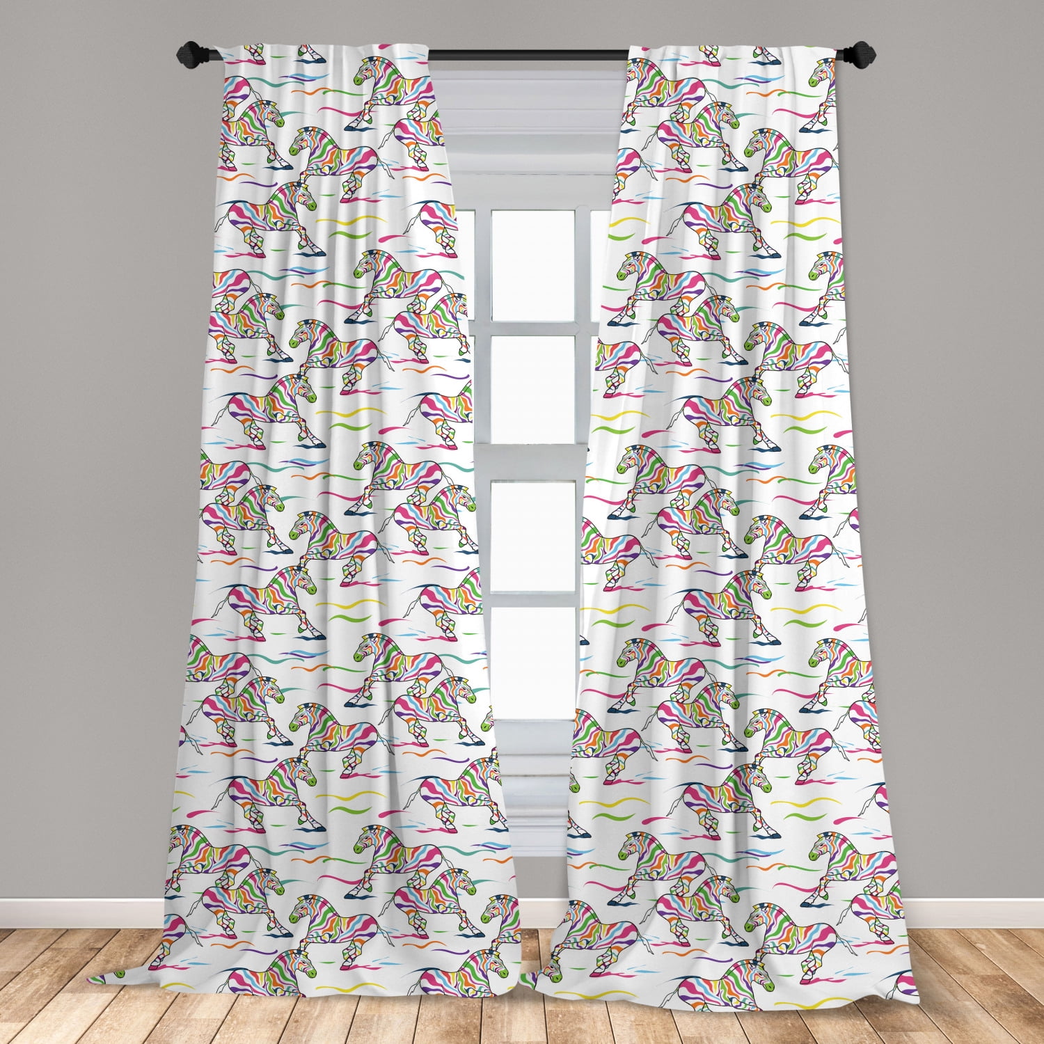 Zebra Curtains 2 Panels Set, Pattern of Running Zebra Animals with