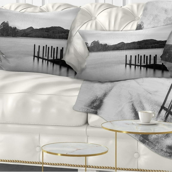 Designart Pier over Coniston Water Panorama - Wooden Sea Bridge Throw Pillow - 12x20