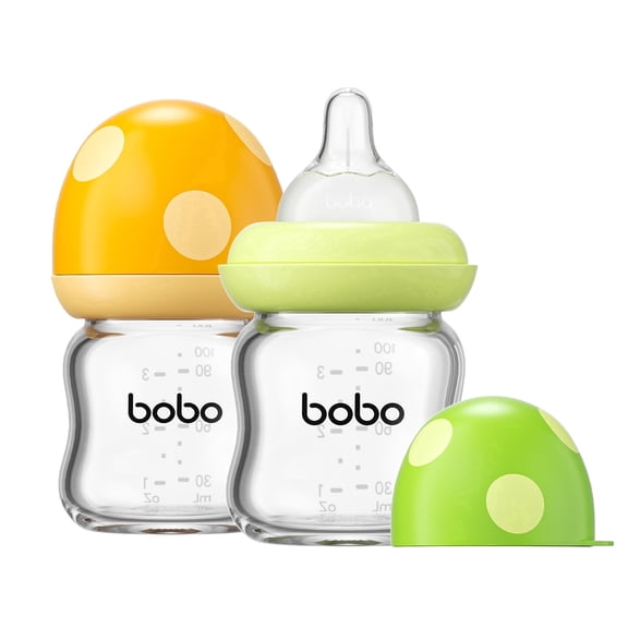 YOHKOH Glass Baby Bottle,Wide Neck,Natural Nipple Bottle,3.4 ounce,for 0m  Infants Pack of 2 ,Multicolor