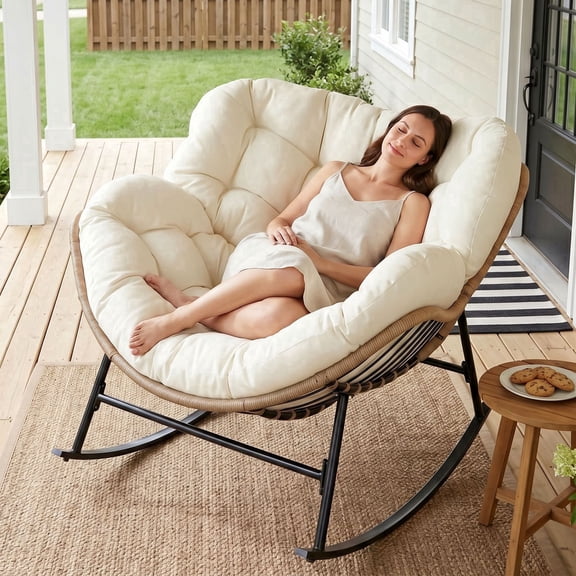 RADIATA Oversized Outdoor Papasan Rocking Chair, Indoor Outdoor Heavy Duty Wicker Patio Egg Rocking Chair with 5.1 Cushion, 450lbs Capacity, Beige