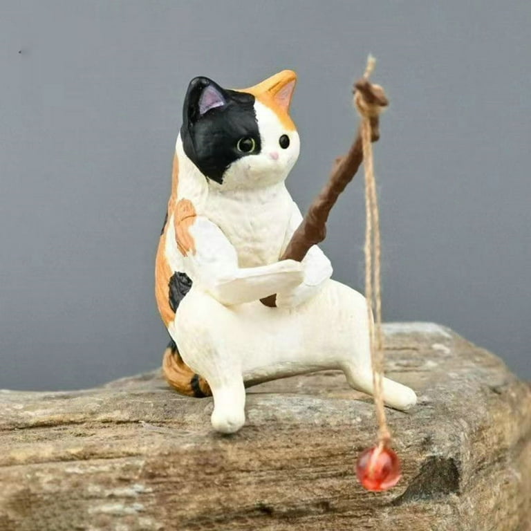 Cute Fishing Cat Fishbowl Fishing Figure Fisherman Figurine Cat Fishing Rod  Seals Figures Cat Decoration Interior Accessories