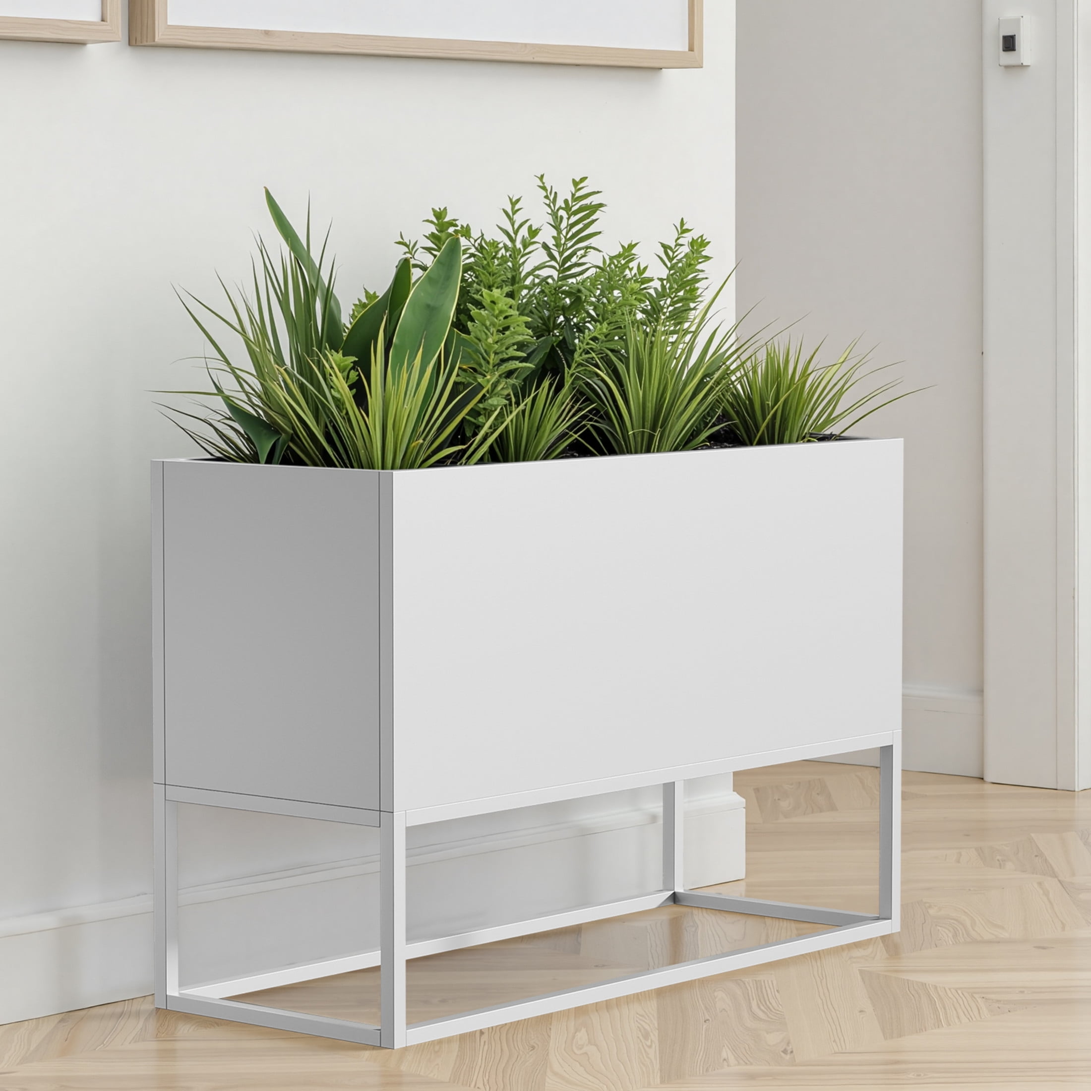Noble House Minimalist 47“ Rectangular Planter, Raised Base, Drainage Holes, Indoor/Outdoor, White
