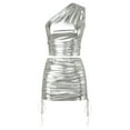 thumbnail image 3 of Bibifish Womens Skirt Sets Shiny Nightclub Club Party 2 Piece Outfits Summer One Shoulder Tops And Ruched Cropped Bodycon Mini Skirt, 3 of 8