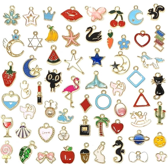 JIALEEY 60PCS Assorti Émail Plaqué Or Animal Lune Étoile Fruit Charme Pendentif DIY pour Collier Bracelet Fabrication de Bijoux et de l'Artisanat