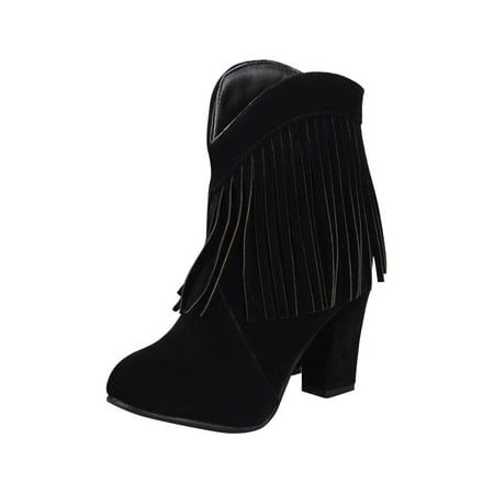 

Women Retro Bootie Casual Lightweight Solid Color Fringed Suede High Heel Ankle Boots Black Boots women size 6.5