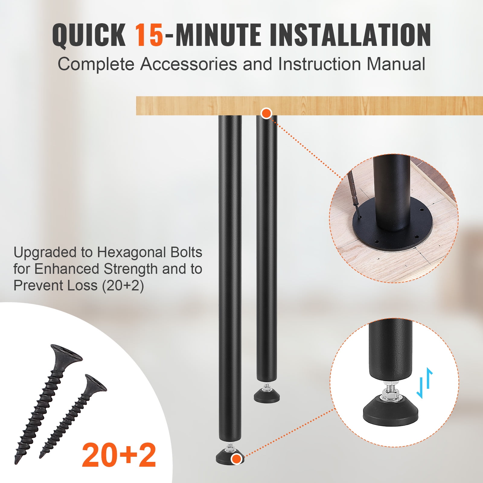 KFFKFF 28" Adjustable Desk Legs, Sturdy Steel Construction, Set of 4, for Custom Office Tables, Supports up to 1200 lbs, Easy Setup with Flexible Foot Cups, Black