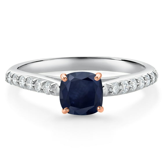 Gem Stone King 0.88 Ct Blue Sapphire G/H Lab Grown Diamond 10K White Gold Engagement Ring with Rose Gold Prongs (Size 7)