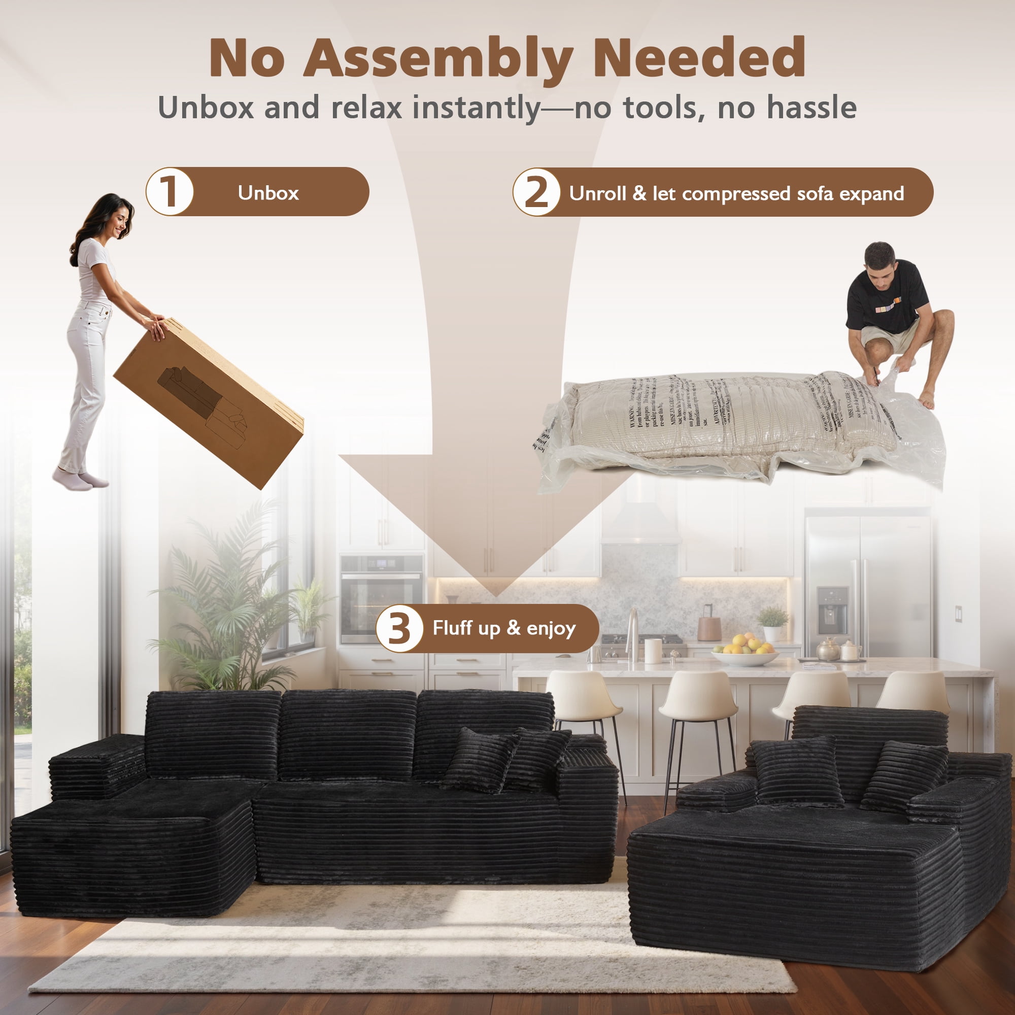 Ovios 106" Modular Cloud Couch Oversized Deep Seat Plush Corduroy Sectional Sofa with Lounge Chair for Living Room, No Assembly, Black