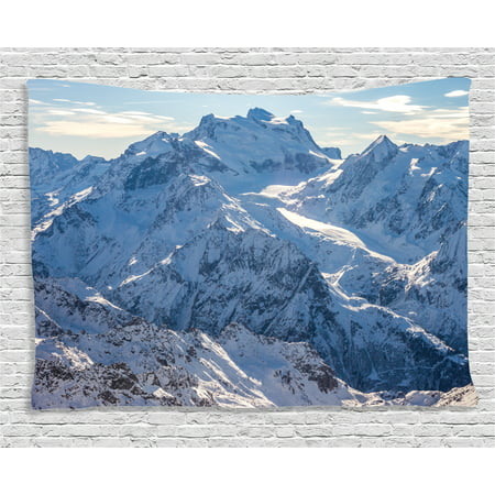 Lake House Decor Tapestry, Snowy Mountain Scene under Sky Winter Wilderness Untrodden Nature Print, Wall Hanging for Bedroom Living Room Dorm Decor, 60W X 40L Inches, White Blue , by