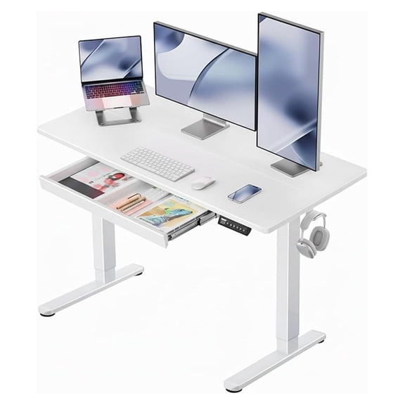 x 24 inch Electric Standing Desk Adjustable Height with Drawers, 4 Memory Height Settings, Sit Stand Up Desk for Home Office & Computer Workstation, White