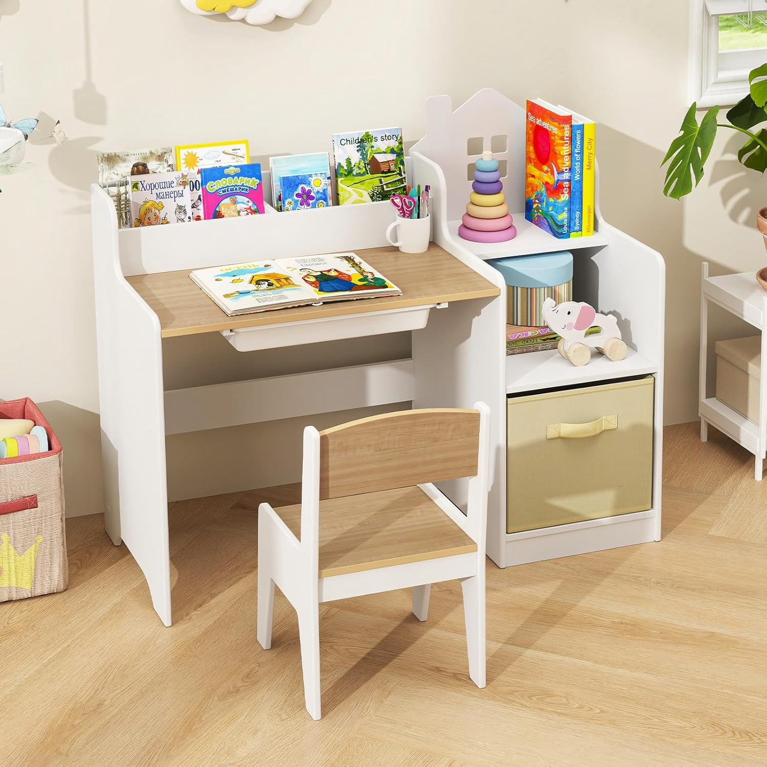 OLAKIDS Kids Table and Chair Set, Toddler Art Craft Play Wood Activity Desk with Chairs Storage Canvas Bin for Writing Drawing, Children Furniture for Daycare Nursery Boys Girls 3+