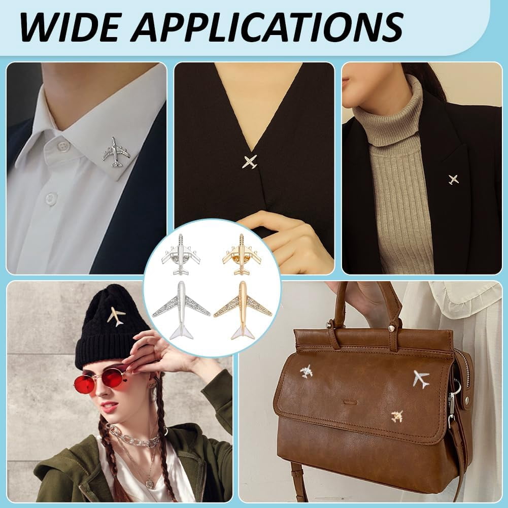 PH PandaHall 10pcs Airplane Brooch Pins 4 Styles Rhinestone Crystal Aircraft Brooches Flight Plane Tie Pins Lapel Pin For Women Men Suit Shirt Sweater Hat Coat Dress Bag Accessories, Platinum, Gold
