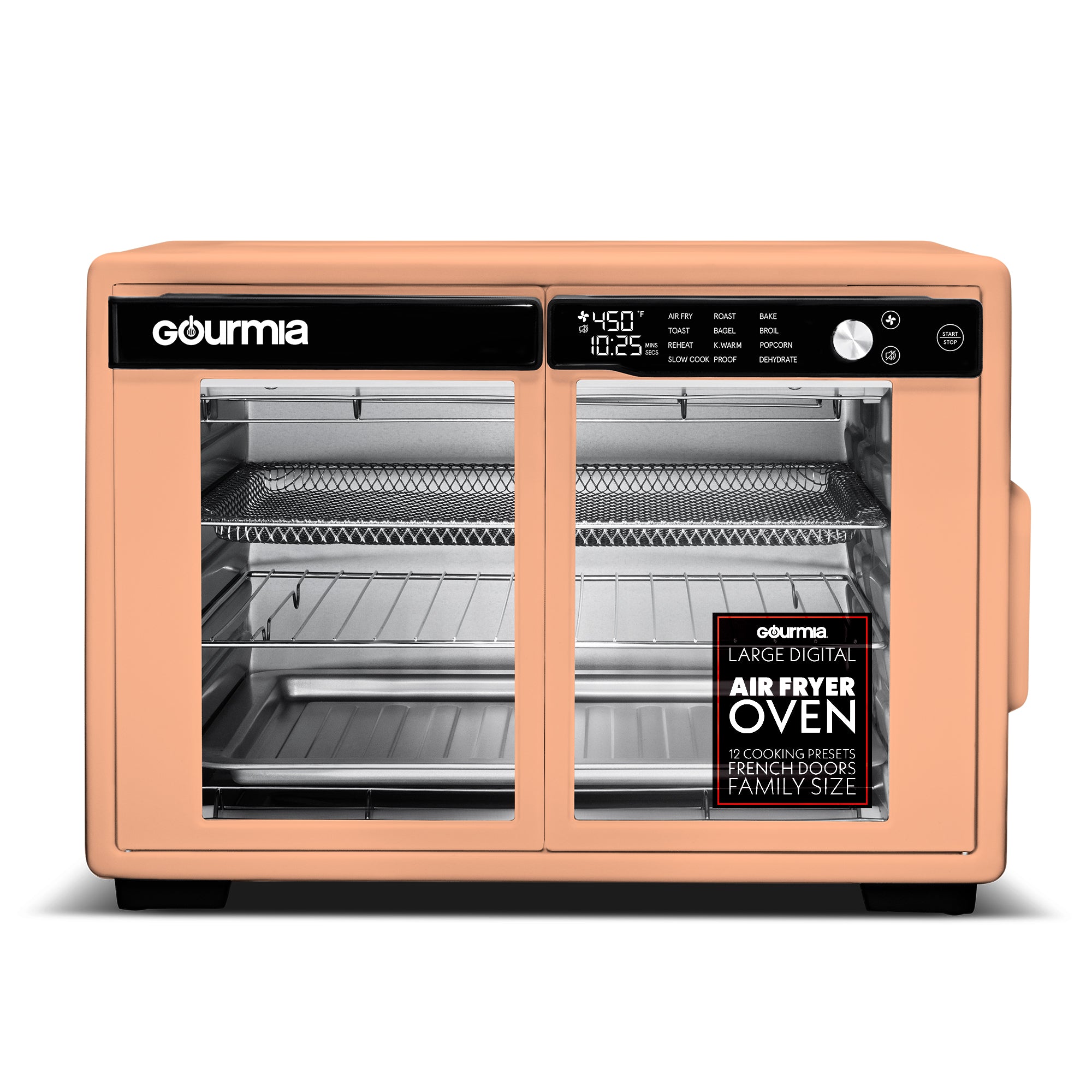 Gourmia Air Fryer French Door Toaster Oven - 9 Slice Capacity, 12 Presets, Peach