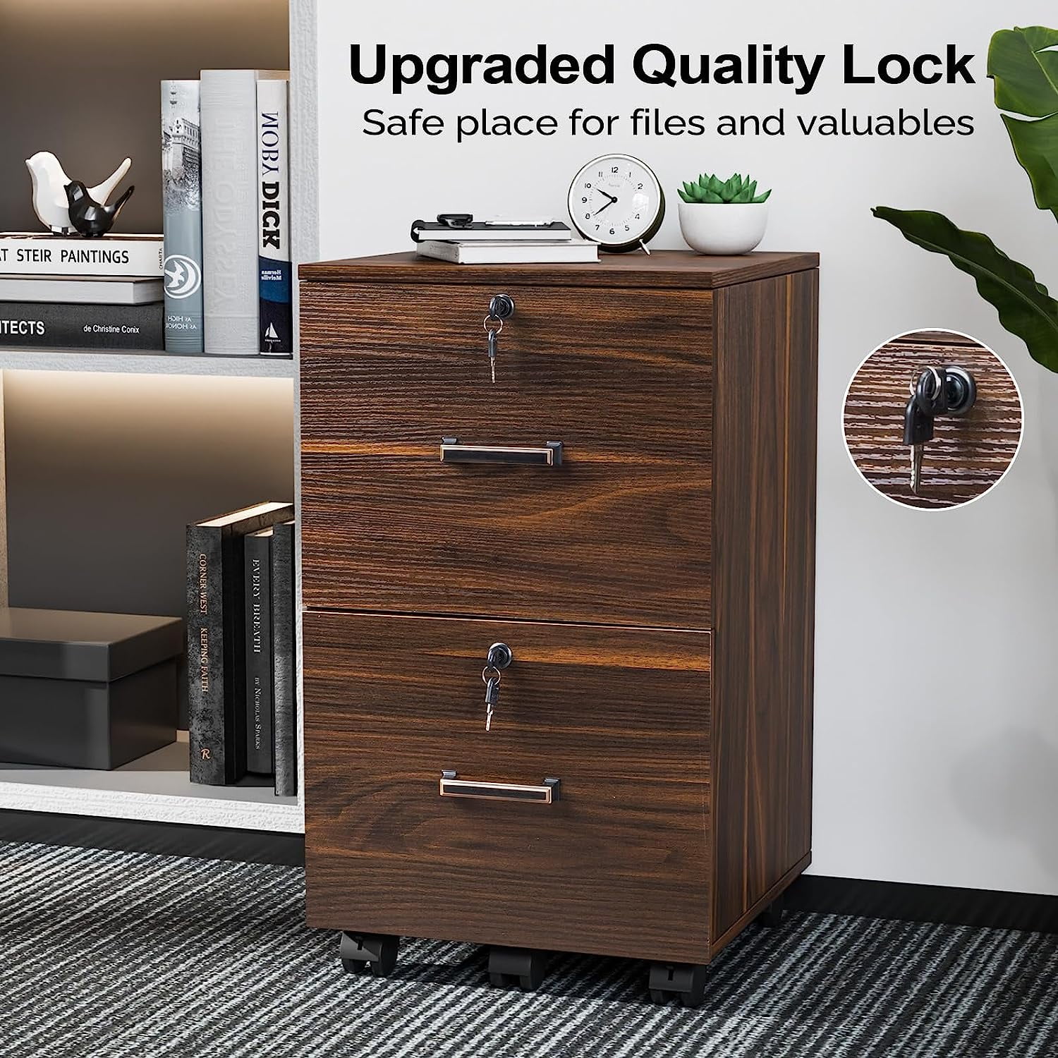 2 Drawer File Cabinet with Lock,  Filing Cabinet for Letter Size File Folders with Tabs, Under Desk Rolling File Cabinets for Home Office, Mobile File Organization Printer Stand